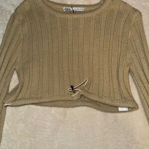Zara Tan Ribbed Crew Neck Sweater with Bow Detail
